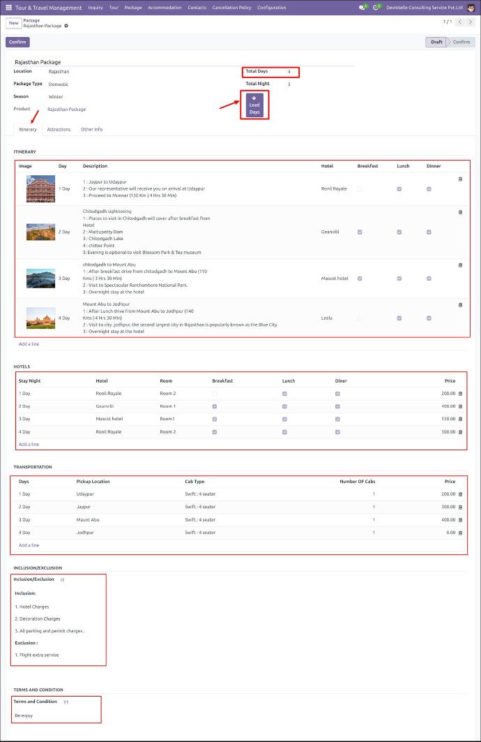 Itinerary Details in Travel Package Itinerary Details in Travel Package